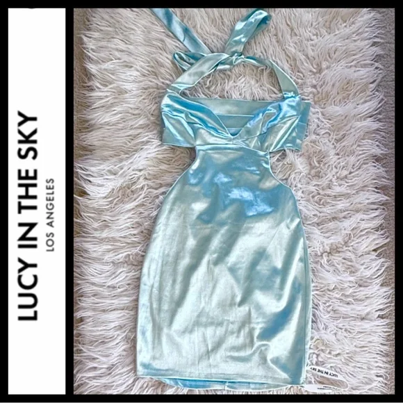 NWT Lucy in the Sky Blue Satin Cutout Bodycon Dress - Picture 6 of 10